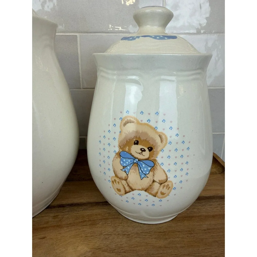 Cream Ceramic Bear Canister Set with Blue Accents - 2 Piece